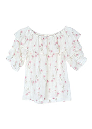 Stylish Pink Ruffled Print Chiffon Blouses Summer