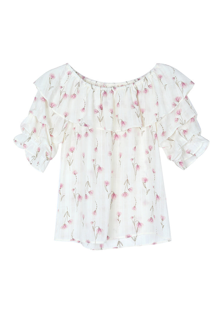 Stylish Pink Ruffled Print Chiffon Blouses Summer