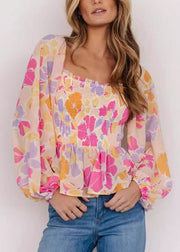 Stylish Pink Square Collar Ruffled Print Tops Fall