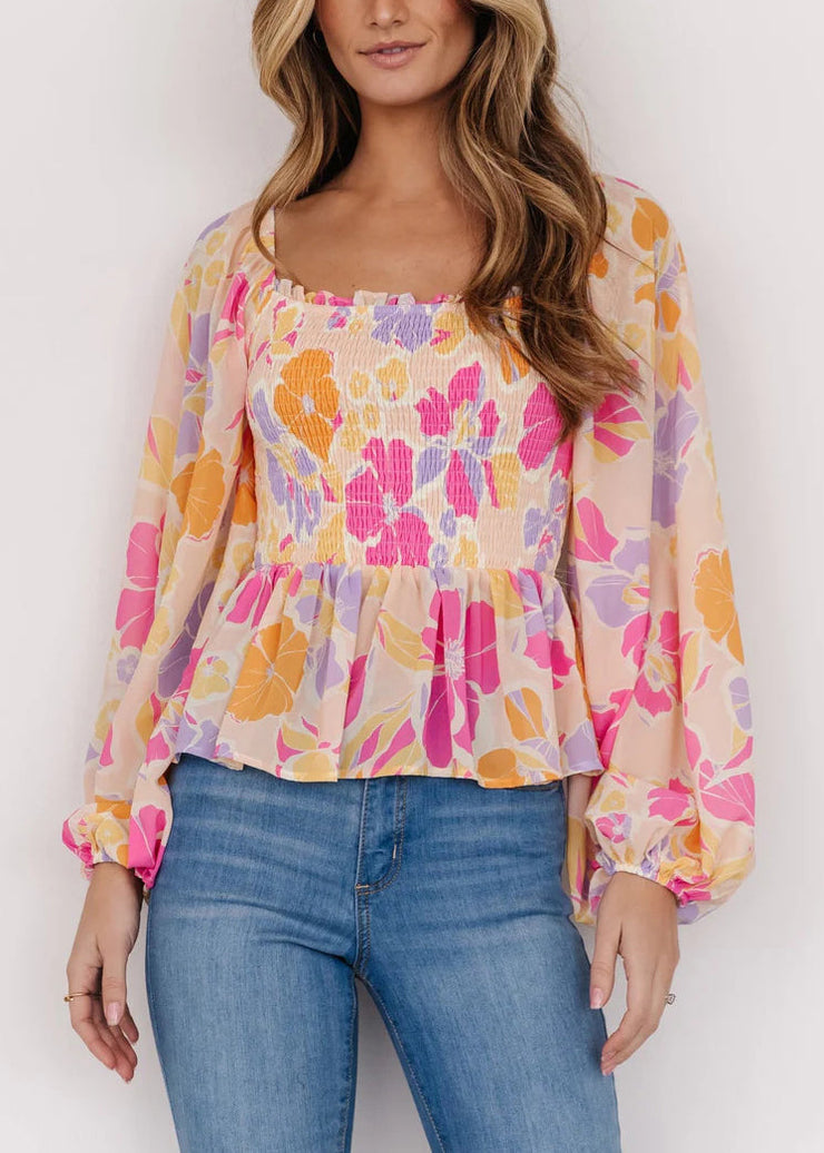 Stylish Pink Square Collar Ruffled Print Tops Fall