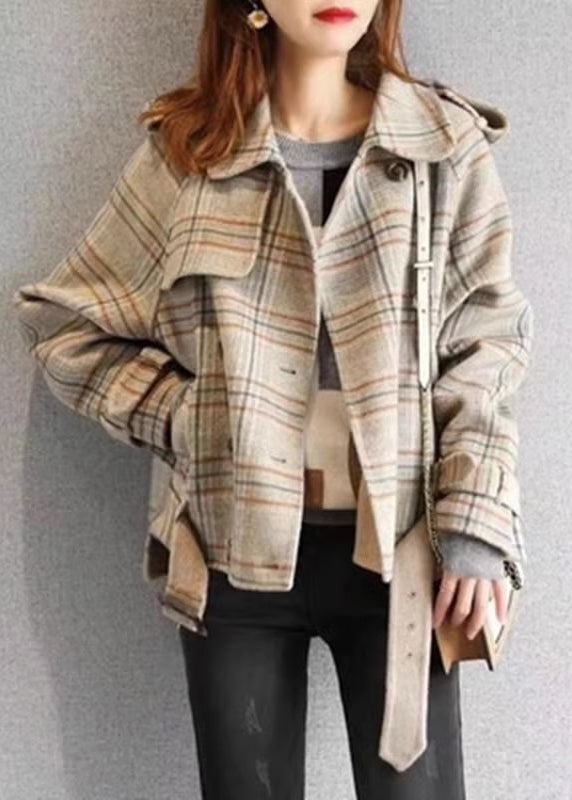 Stylish Plaid Button Pockets Patchwork Woolen Coat Fall