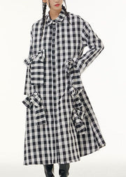 Stylish Plaid Peter Pan Collar Bow Patchwork Cotton Shirts Dresses Spring