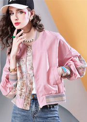 Stylish Plus Size Pink Pockets Print Patchwork Jackets Fall