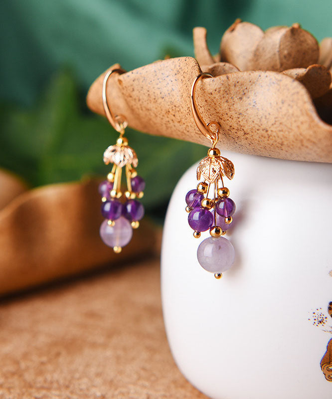 Stylish Purple Crystal 14K Gold Drop Earrings