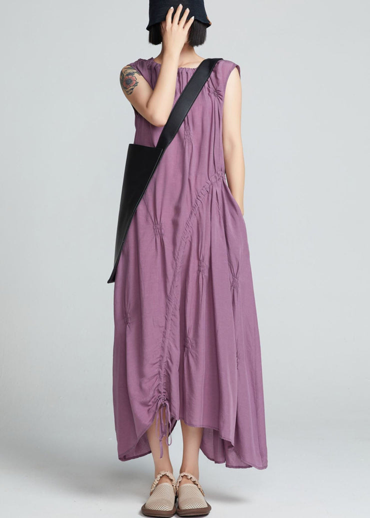 Stylish Purple Drawstring Wrinkled Cotton Long Dress Sleeveless