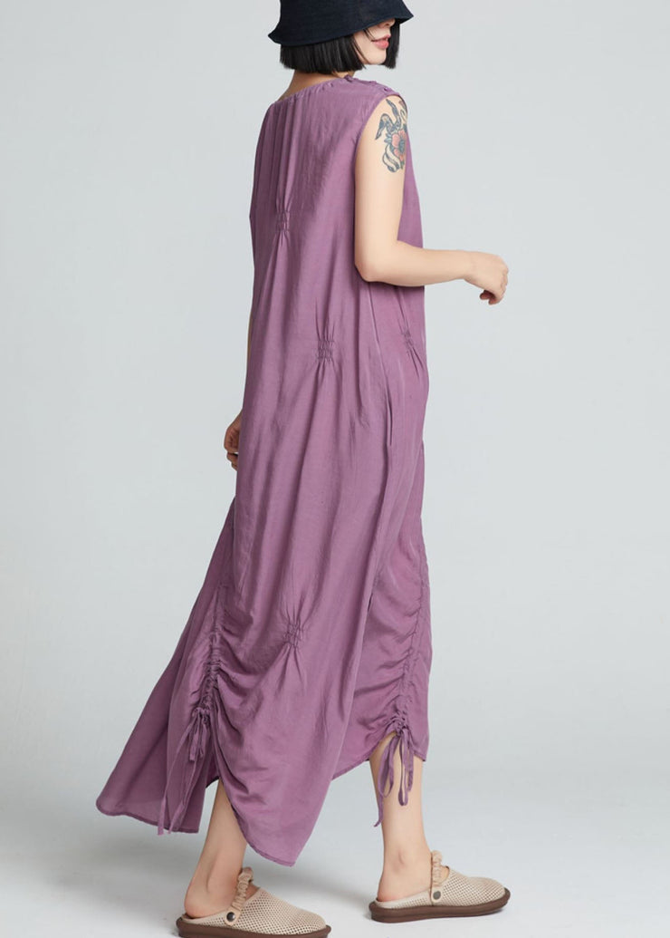 Stylish Purple Drawstring Wrinkled Cotton Long Dress Sleeveless