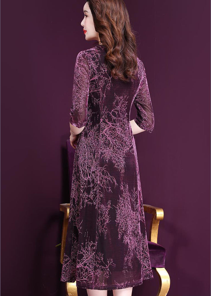 Stylish Purple O-Neck Print Button Tulle Holiday Dress Half Sleeve