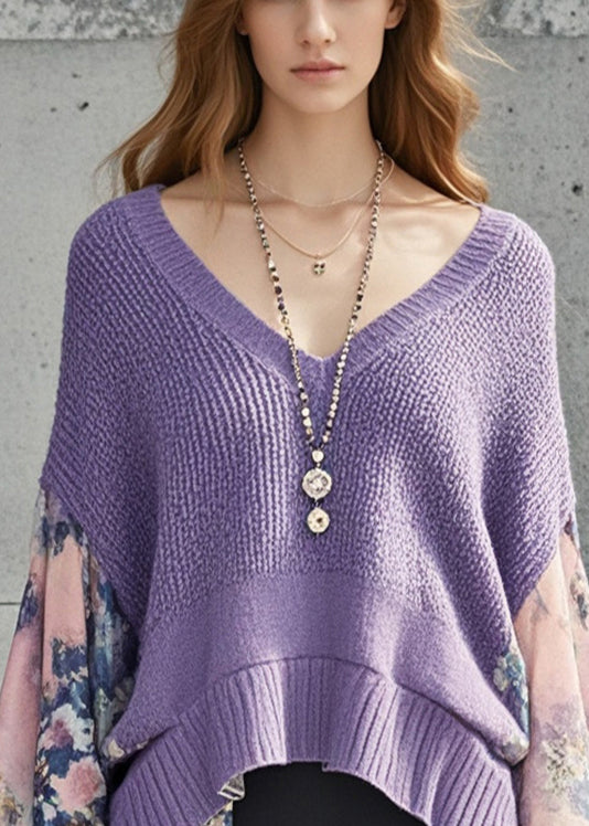 Stylish Purple Oversized Patchwork Print Sweater Lantern Sleeve