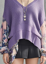 Stylish Purple Oversized Patchwork Print Sweater Lantern Sleeve