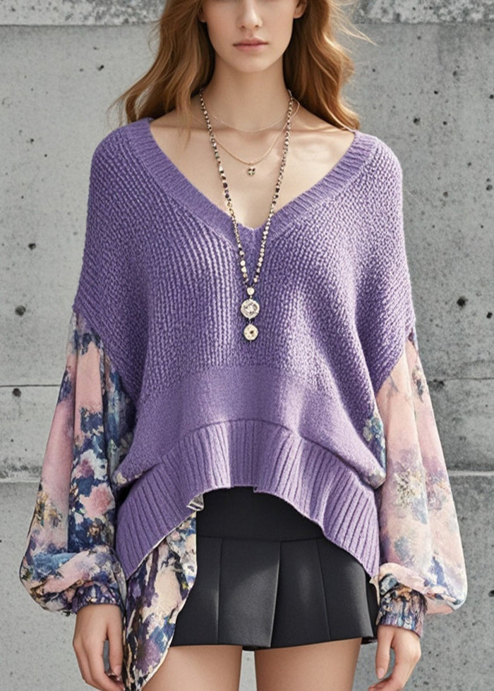 Stylish Purple Oversized Patchwork Print Sweater Lantern Sleeve