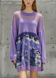 Stylish Purple Oversized Patchwork Print Sweater Mini Dress Fall