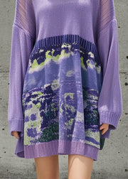 Stylish Purple Oversized Patchwork Print Sweater Mini Dress Fall