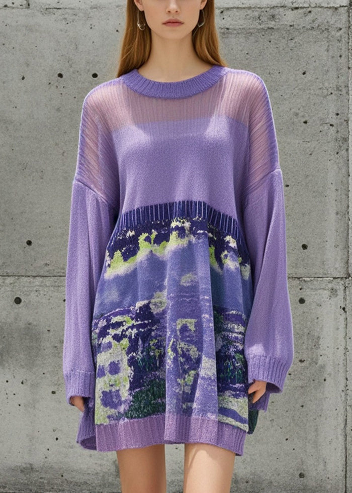 Stylish Purple Oversized Patchwork Print Sweater Mini Dress Fall