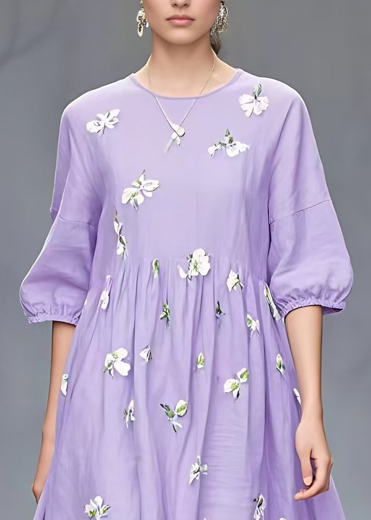 Stylish Purple Print Low High Design Cotton Dresses Half Sleeve