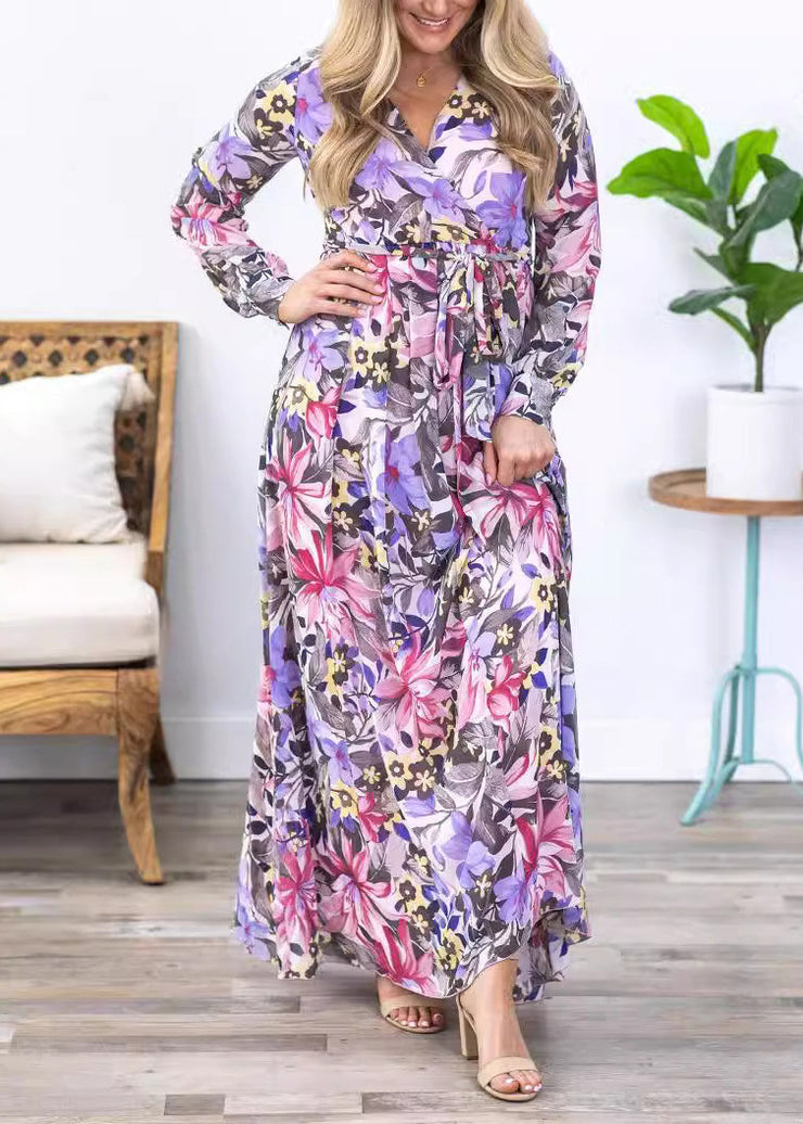 Stylish Purple Print Tie Waist Chiffon Maxi Dress Long Sleeve