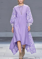 Stylish Purple Ruffled Print Patchwork Cotton Long Dress Fall