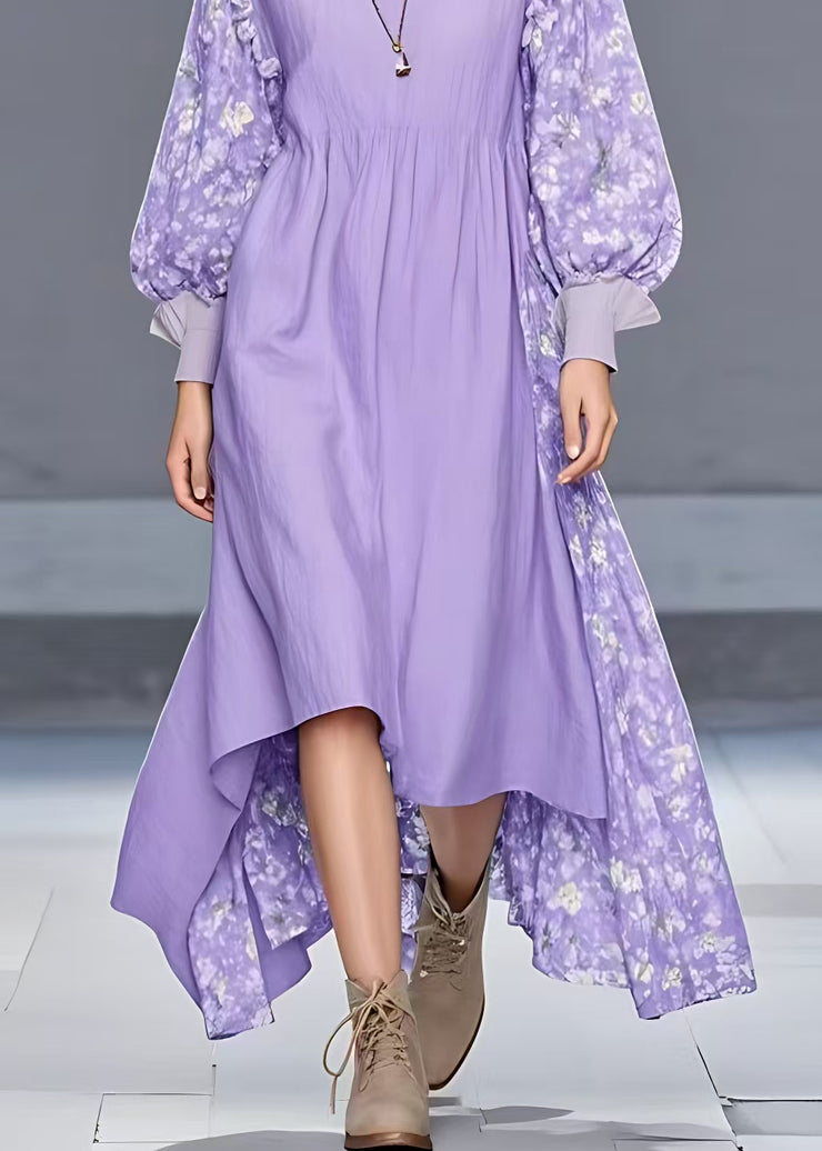 Stylish Purple Ruffled Print Patchwork Cotton Long Dress Fall