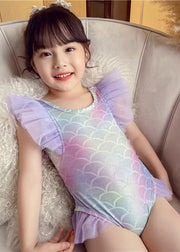 Stylish Purple Tulle Patchwork Mermaid Kids One Piece Swimsuit Sleeveless