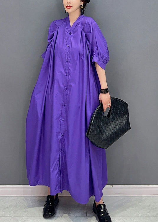 Stylish Purple V Neck Puff Sleeve Cotton Maxi Dresses