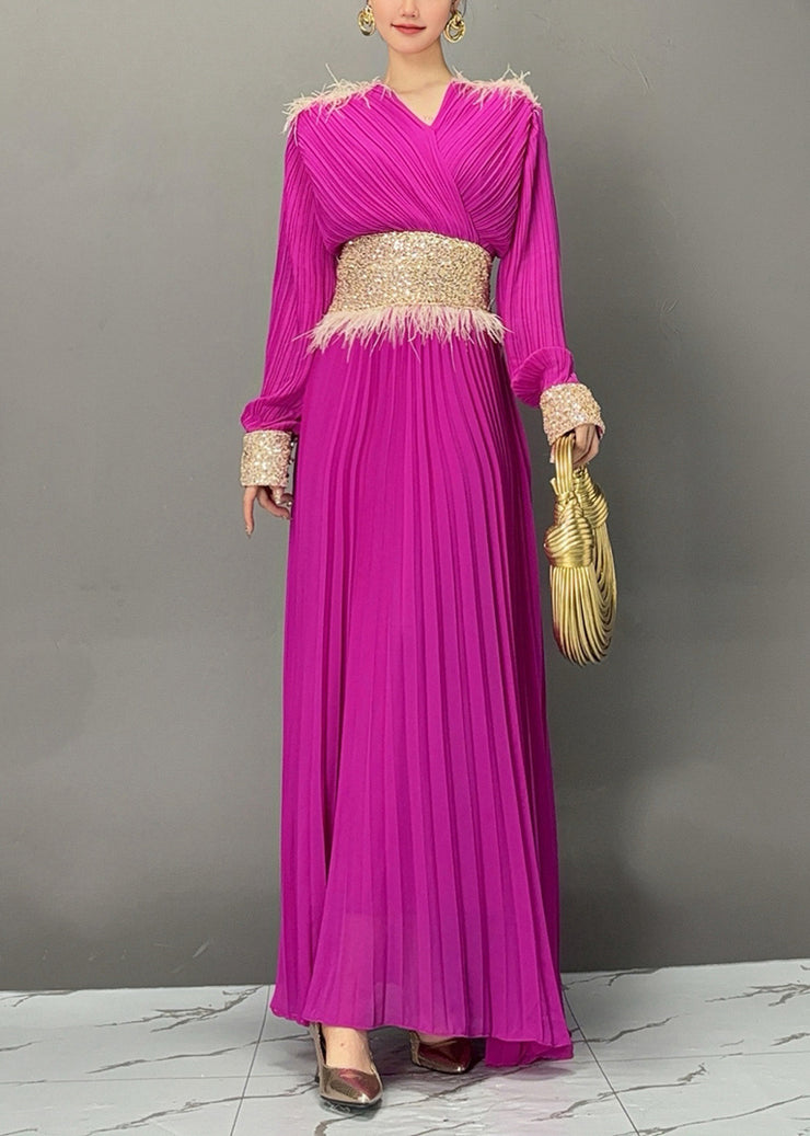 Stylish Purple V Neck Sequins Maxi Dresses Fall