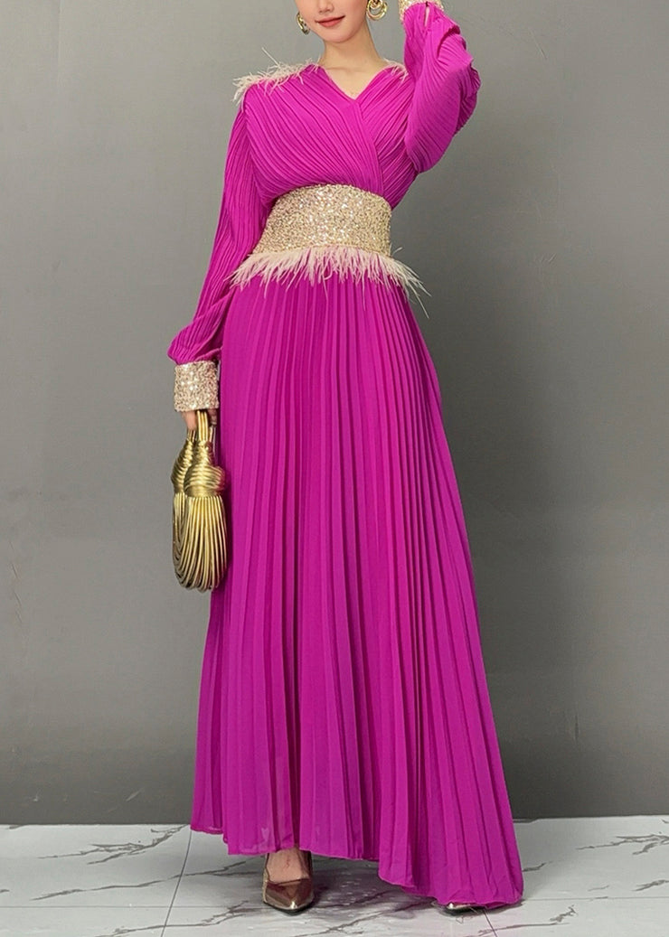 Stylish Purple V Neck Sequins Maxi Dresses Fall