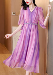 Stylish Purple V Neck Striped Wrinkled Silk Long Dresses Summer