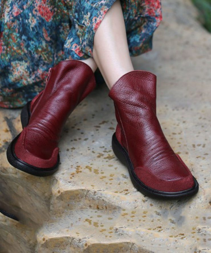 Stylish Purplish Red Wrinkled Platform Ankle Boots