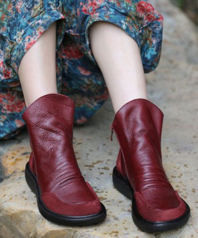 Stylish Purplish Red Wrinkled Platform Ankle Boots