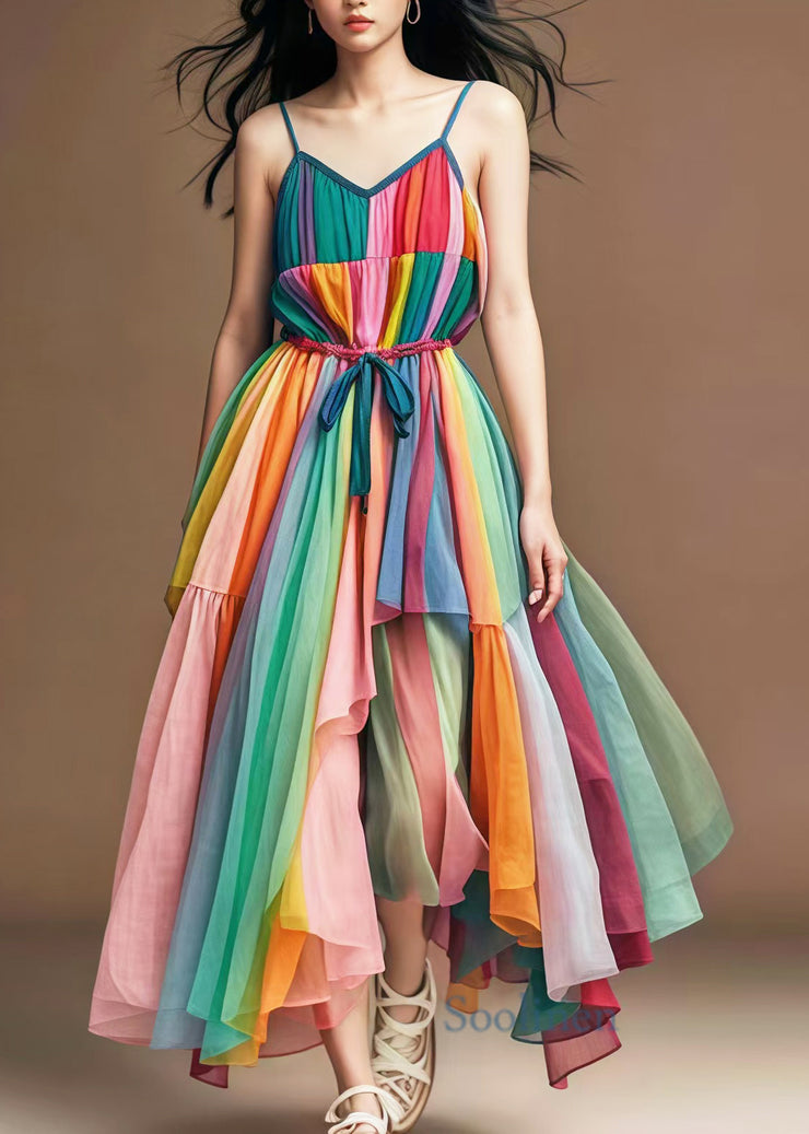 Stylish Rainbow Cinched Patchwork Tulle Spaghetti Strap Dress Summer