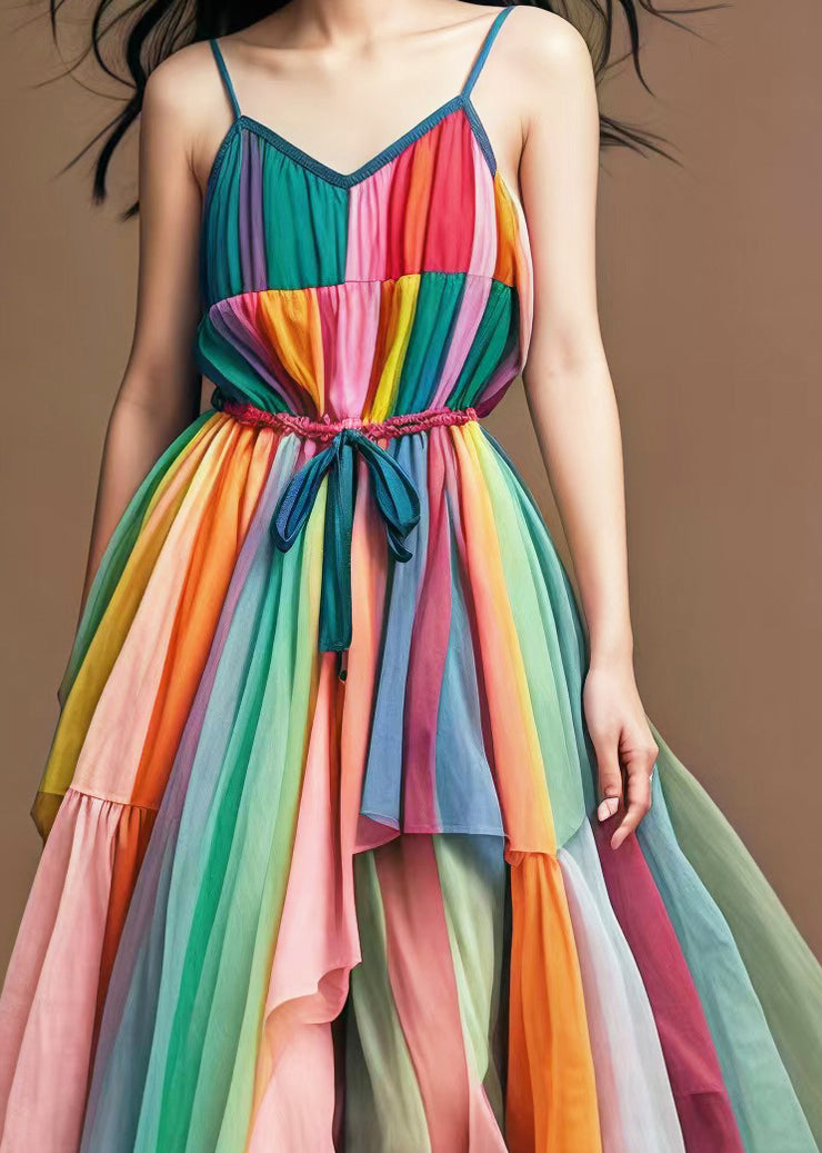 Stylish Rainbow Cinched Patchwork Tulle Spaghetti Strap Dress Summer