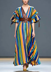 Stylish Rainbow Cinched Striped Cotton Maxi Dress Summer