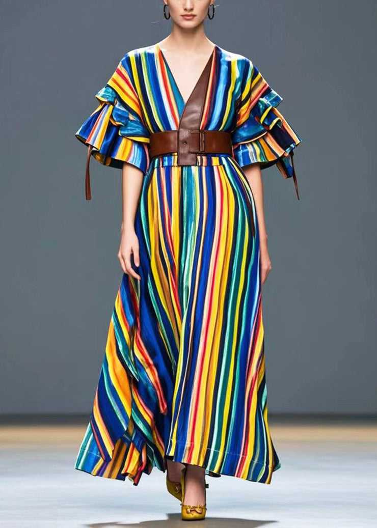 Stylish Rainbow Cinched Striped Cotton Maxi Dress Summer