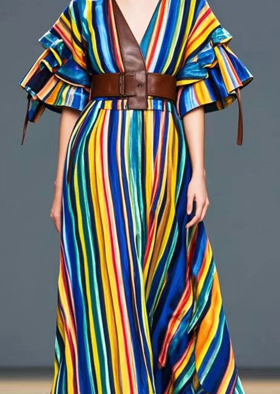 Stylish Rainbow Cinched Striped Cotton Maxi Dress Summer