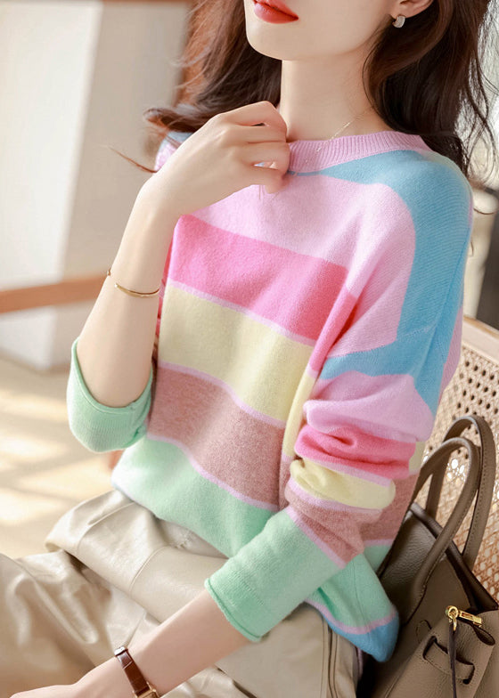 Stylish Rainbow O Neck Cozy Knit Sweaters Fall