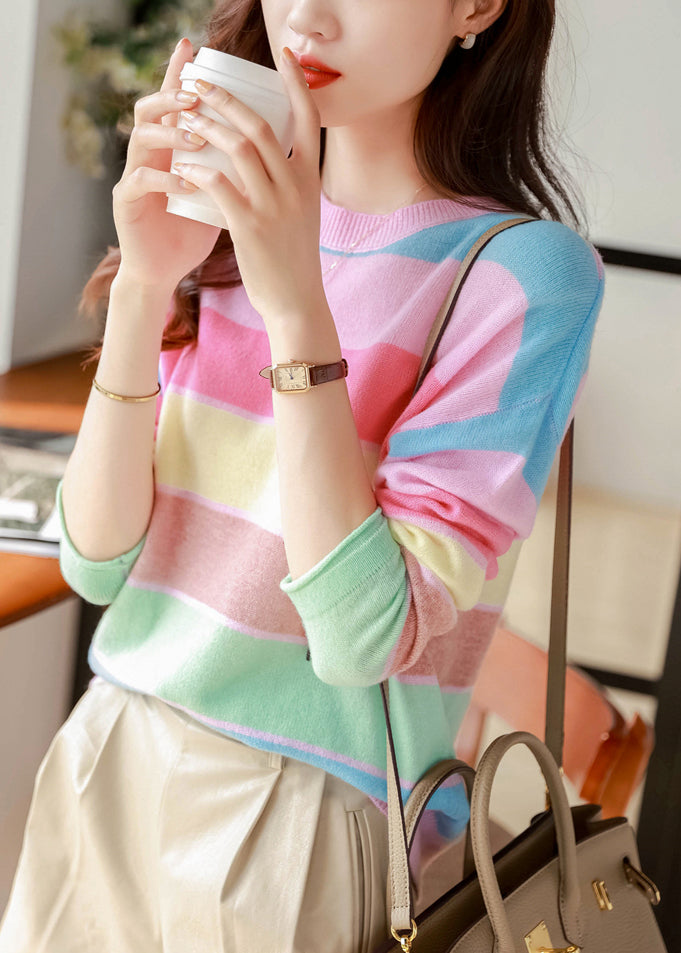 Stylish Rainbow O Neck Cozy Knit Sweaters Fall