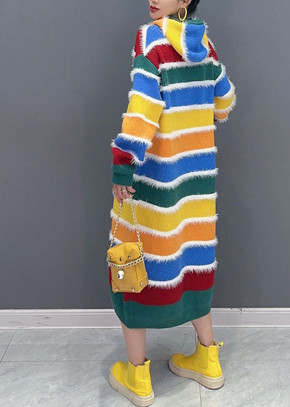 Stylish Rainbow Striped Patchwork Hooded Long Knit Sweater Dress Fall