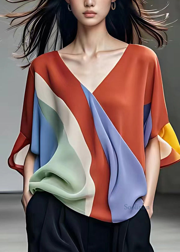 Stylish Rainbow V Neck Chiffon Shirt Fall