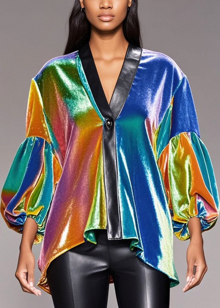 Stylish Rainbow V Neck Patchwork Silk Velour Shirt Top Lantern Sleeve