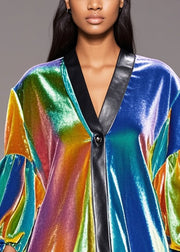 Stylish Rainbow V Neck Patchwork Silk Velour Shirt Top Lantern Sleeve