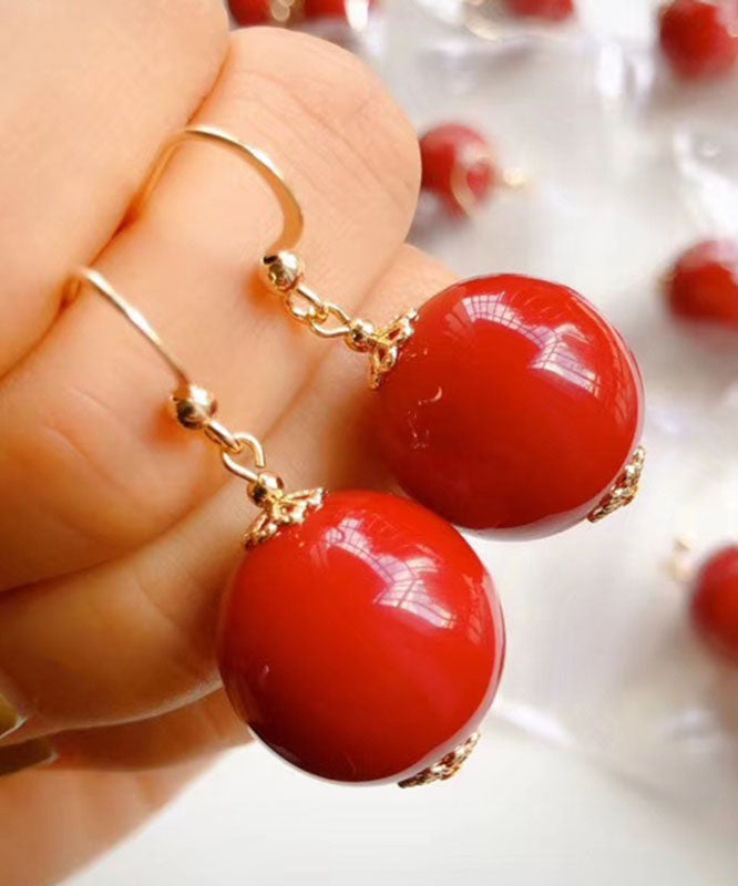 Stylish Red 14K Gold Agate Ball Drop Earrings