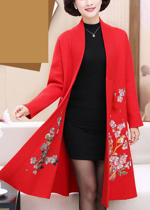 Stylish Red Embroideried Tassel Woolen Coats Long Sleeve