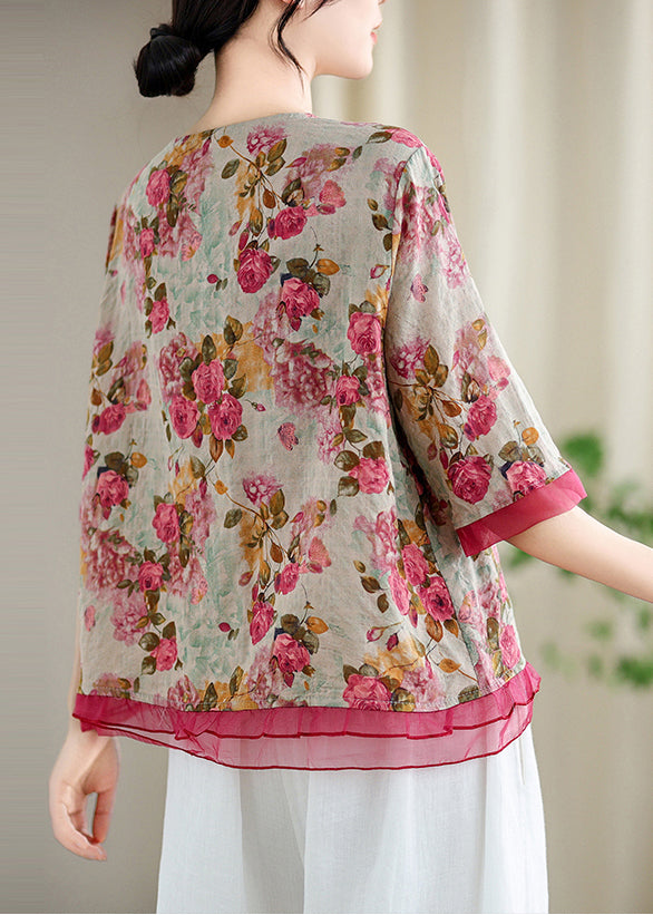 Stylish Red Floral Patchwork Organza Linen Shirts Summer