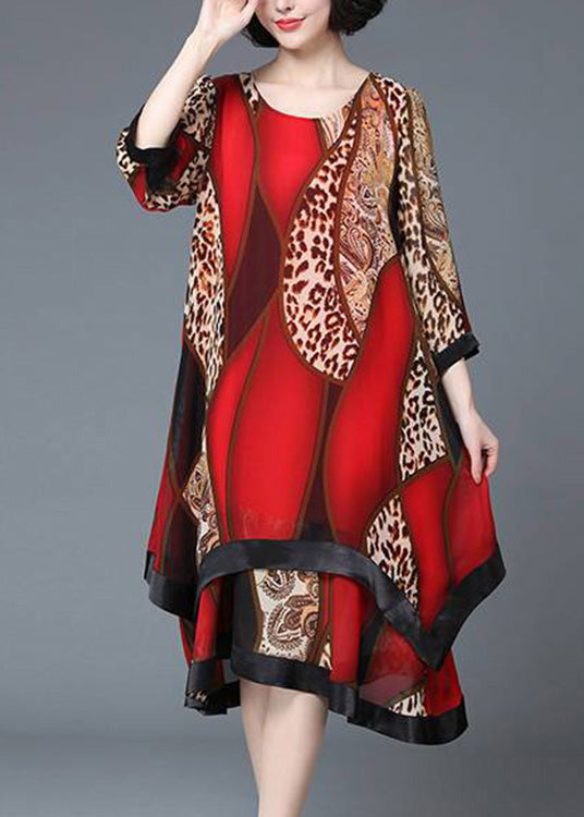 Stylish Red O-Neck Asymmetrical Print Patchwork Layered Maxi Dress Spring