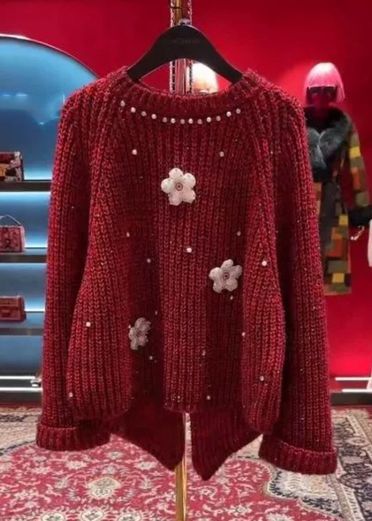 Stylish Red O-Neck Floral Nail Bead Thick Cotton Knit Sweater Tops Winter