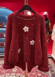 Stylish Red O-Neck Floral Nail Bead Thick Cotton Knit Sweater Tops Winter