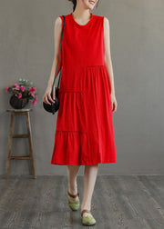 Stylish Red O-Neck Patchwork Cotton Party Dress Sleeveless