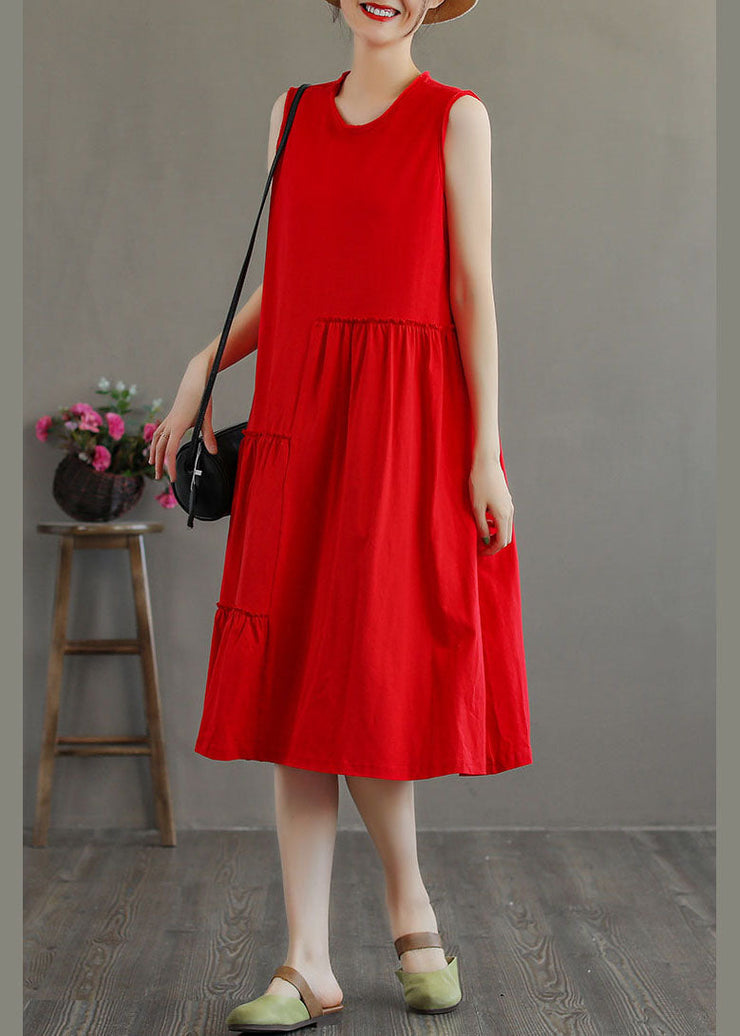 Stylish Red O-Neck Patchwork Cotton Party Dress Sleeveless