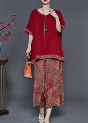 Stylish Red Oversized Patchwork Cotton Two Piece Suit Set Summer