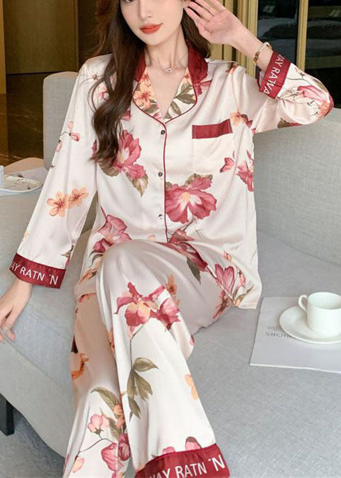 Stylish Red Oversized Print Ice Silk Pajamas Two Pieces Set Spring