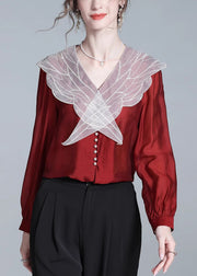 Stylish Red Peter Pan Collar Button Silk Shirt Fall